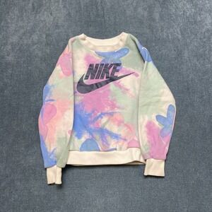Nike Sweatshirt Girls XS 3-4Y Multi Tie-Dye Swoosh Logo Fleece Crew Neck Casual